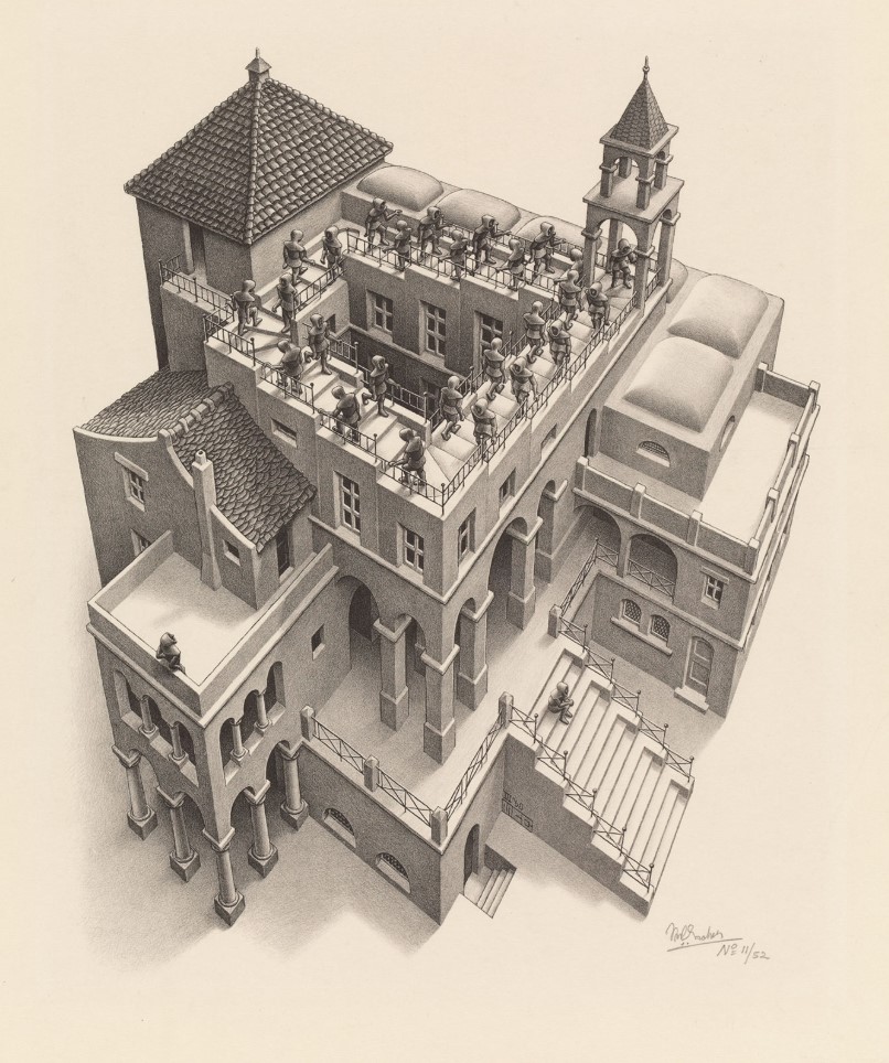 Illustratie "Klimmen en Dalen" van Escher. Optische illusie van een oneindige trap.